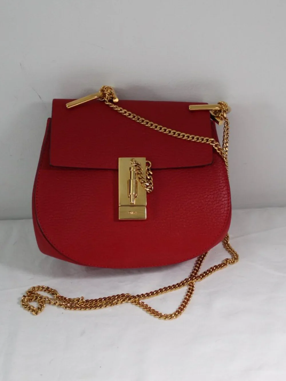 Chloe Chloé Drew Shoulder Bag Crossbody Red Leather Gold Hardware Chain Strap